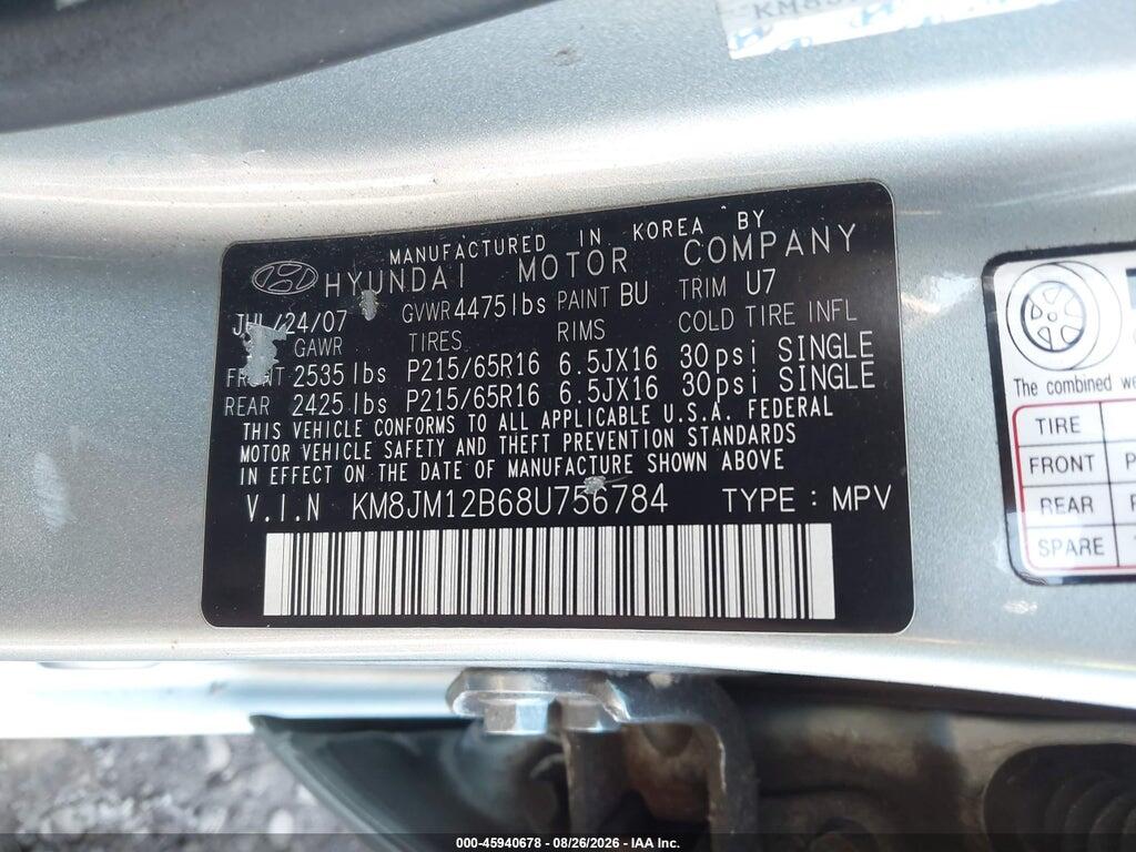 KM8JM12B68U756784 2008 HYUNDAI TUCSON photo no. 9