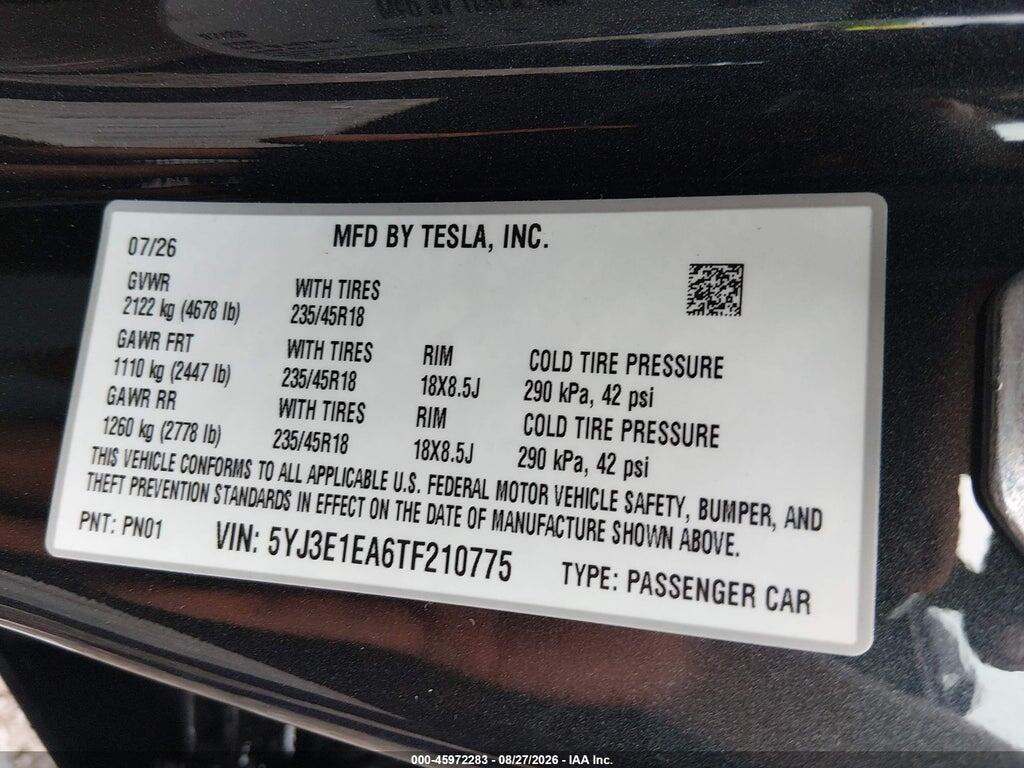 5YJ3E1EA6TF210775 2026 TESLA MODEL 3 photo no. 9