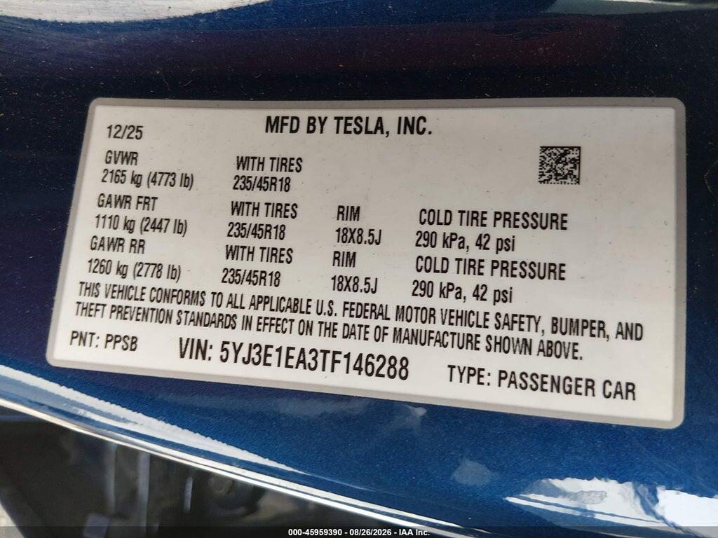 5YJ3E1EA3TF146288 2026 TESLA MODEL 3 photo no. 9