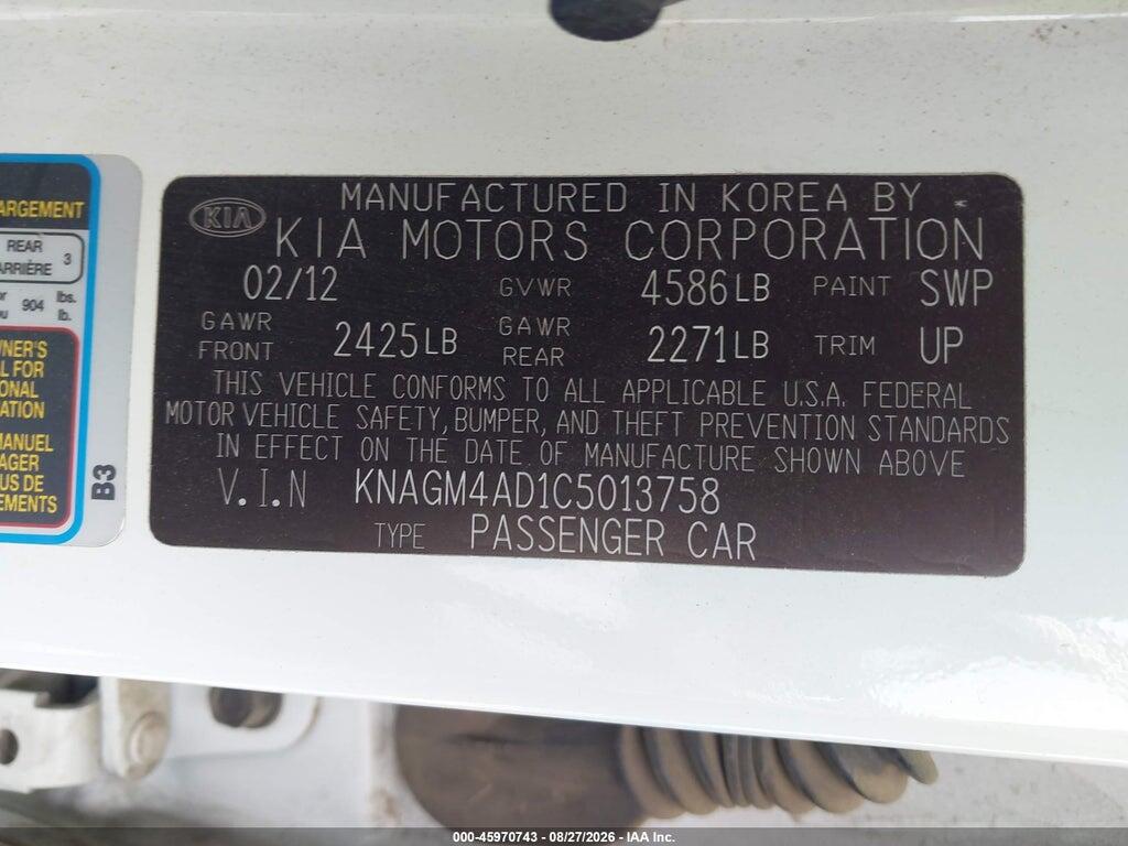 KNAGM4AD1C5013758 2012 KIA OPTIMA HYBRID photo no. 9