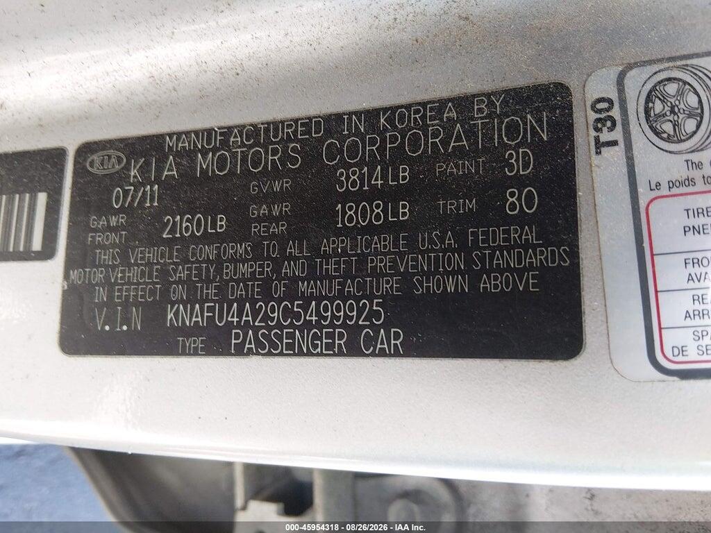 KNAFU4A29C5499925 2012 KIA FORTE photo no. 9