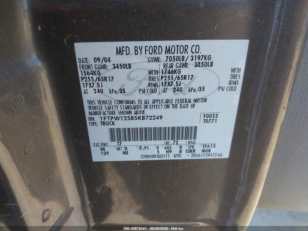 1FTPW12585KB72249 2005 FORD F-150 photo no. 9