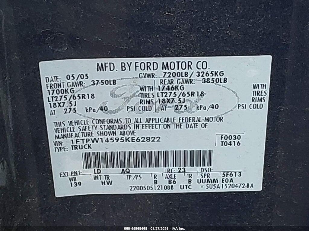 1FTPW14595KE62822 2005 FORD F-150 photo no. 9