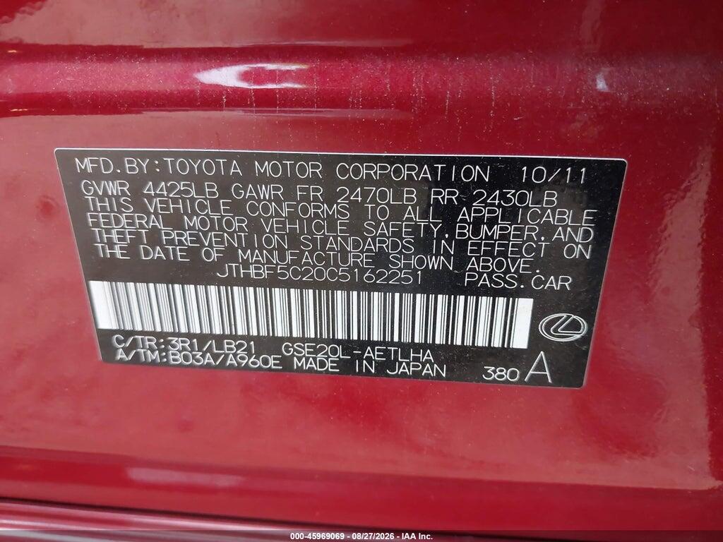 JTHBF5C20C5162251 2012 LEXUS IS 250 photo no. 9