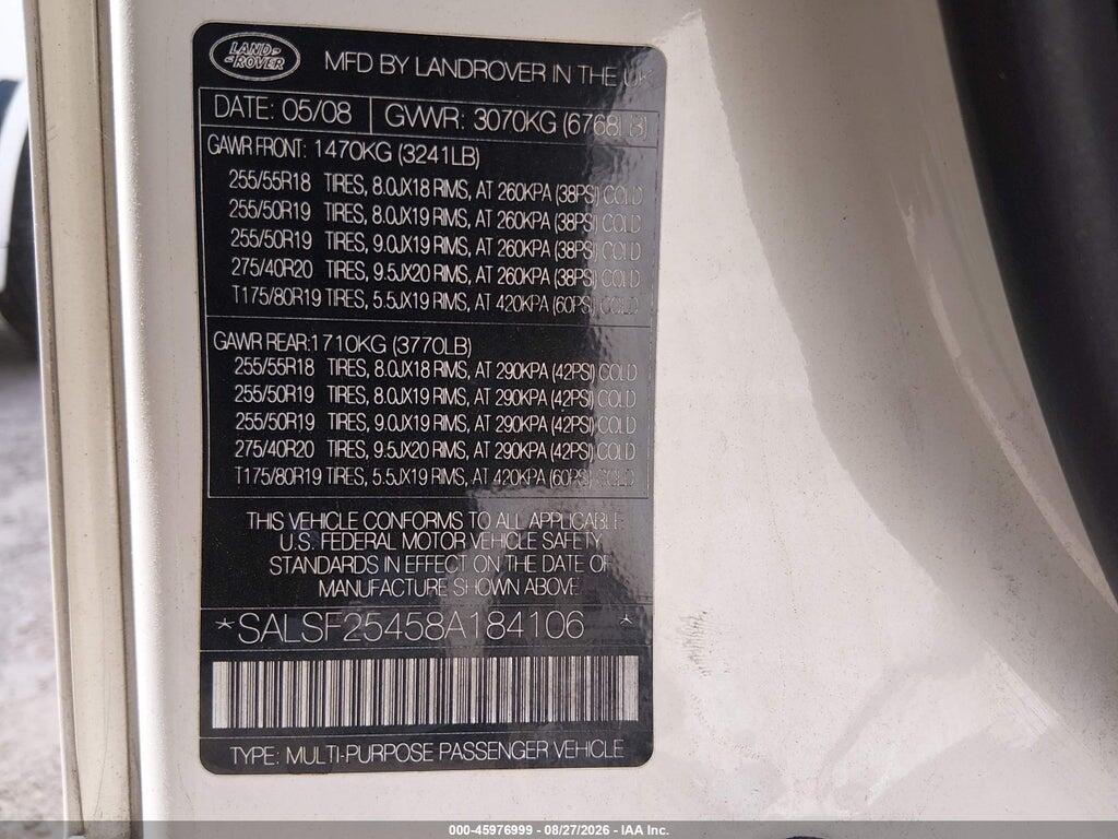 SALSF25458A184106 2008 LAND ROVER RANGE ROVER SPORT photo no. 9