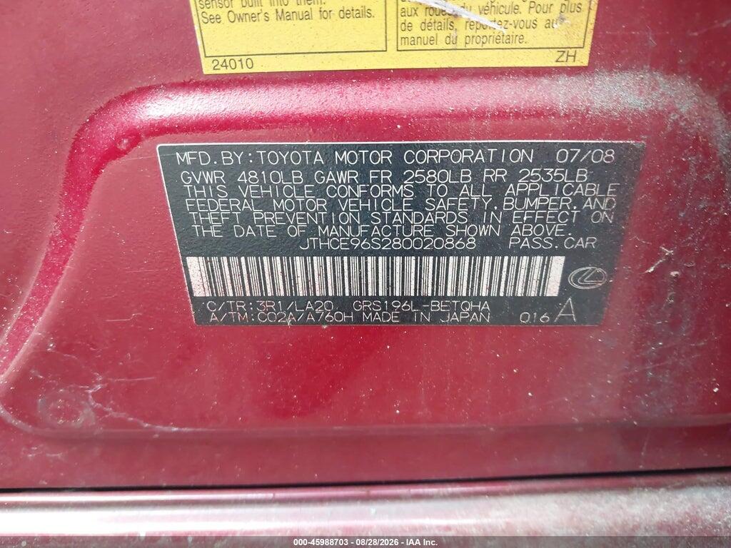 JTHCE96S280020868 2008 LEXUS GS 350 photo no. 9