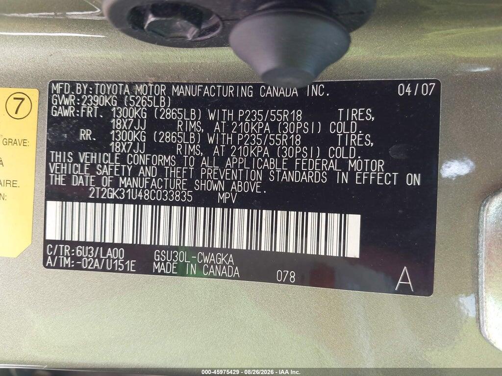 2T2GK31U48C033835 2008 LEXUS RX 350 photo no. 9