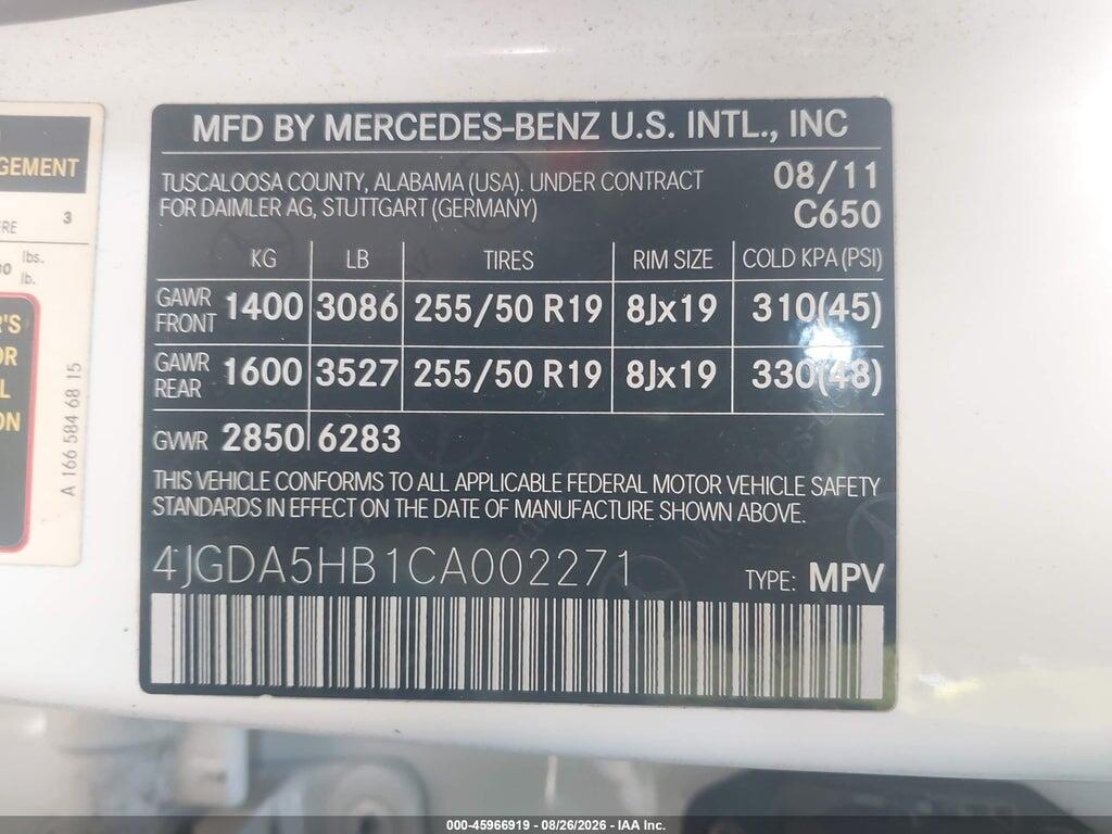 4JGDA5HB1CA002271 2012 MERCEDES-BENZ ML 350 photo no. 9