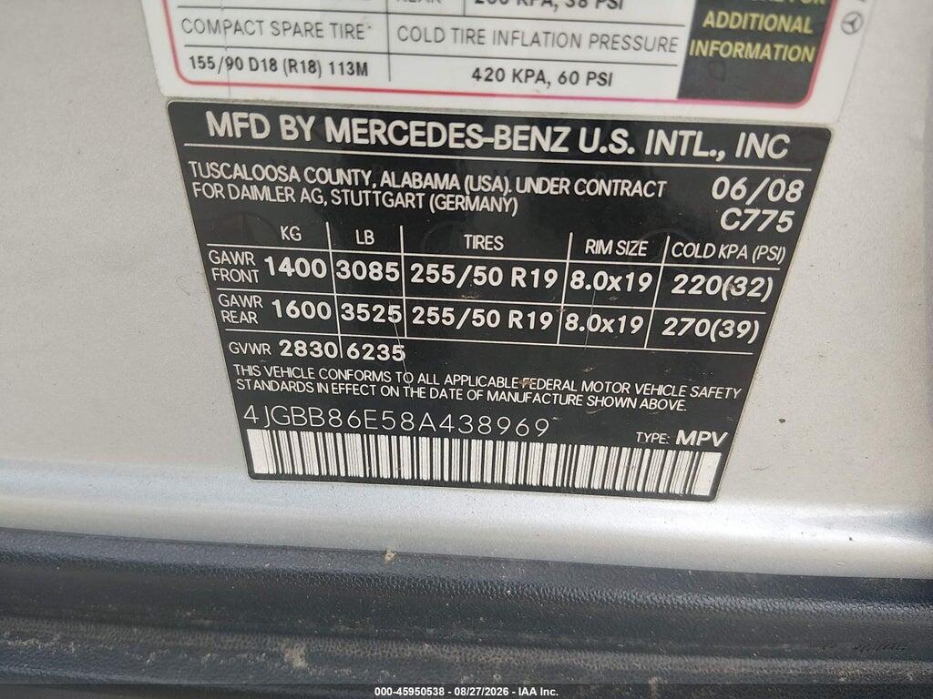 4JGBB86E58A438969 2008 MERCEDES-BENZ ML 350 photo no. 9