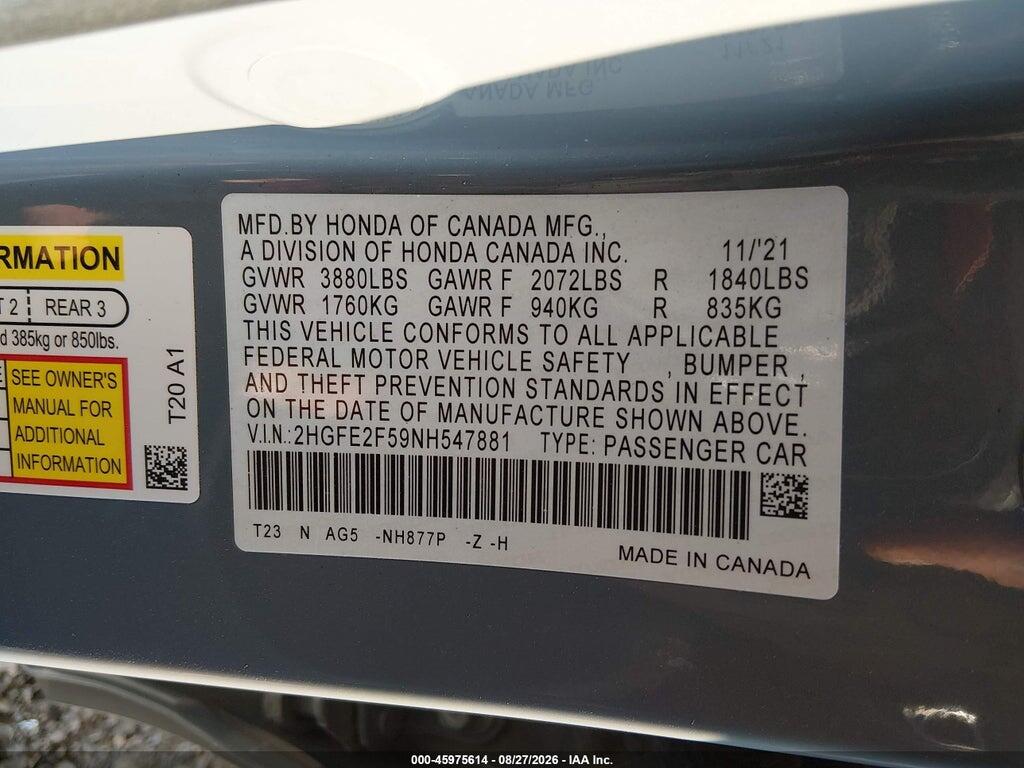 2HGFE2F59NH547881 2022 HONDA CIVIC photo no. 9