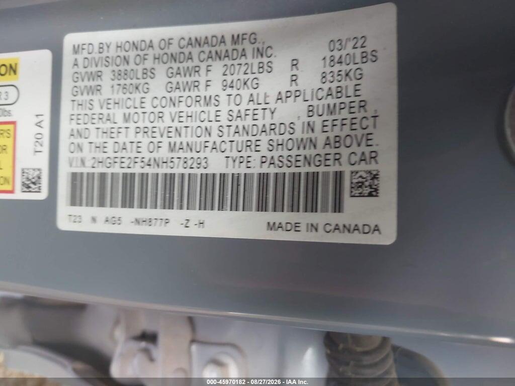 2HGFE2F54NH578293 2022 HONDA CIVIC photo no. 9