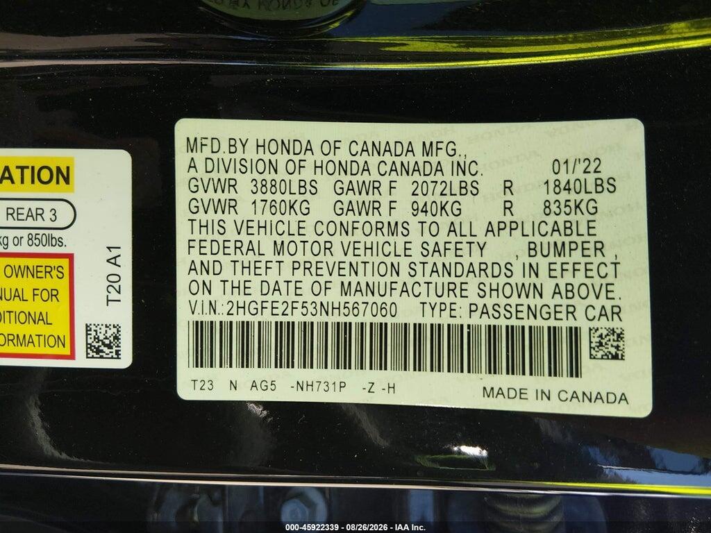 2HGFE2F53NH567060 2022 HONDA CIVIC photo no. 9