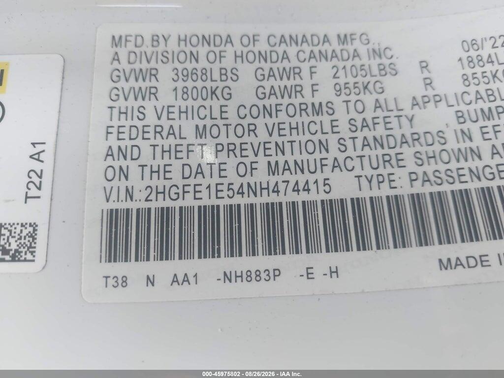 2HGFE1E54NH474415 2022 HONDA CIVIC SI photo no. 9