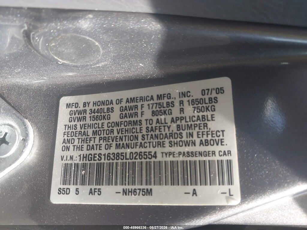 1HGES16385L026554 2005 HONDA CIVIC photo no. 9