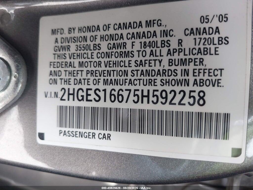 2HGES16675H592258 2005 HONDA CIVIC photo no. 9