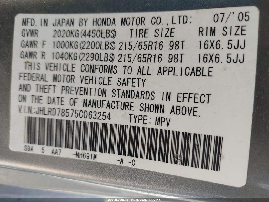 JHLRD78575C063254 2005 HONDA CR-V photo no. 9