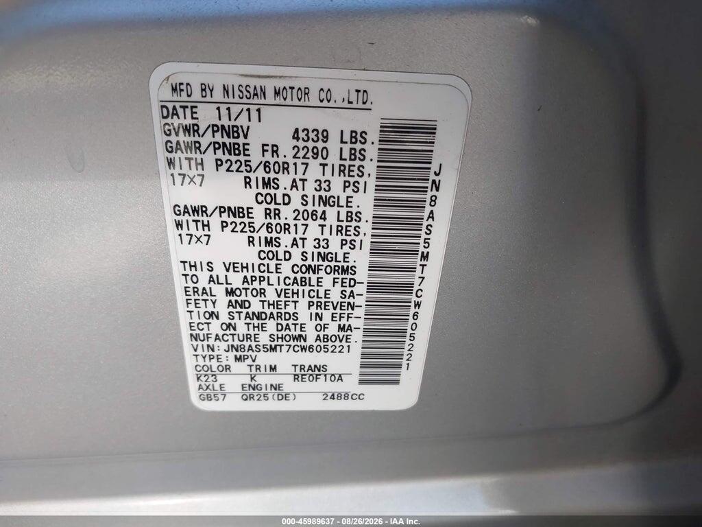 JN8AS5MT7CW605221 2012 NISSAN ROGUE photo no. 9