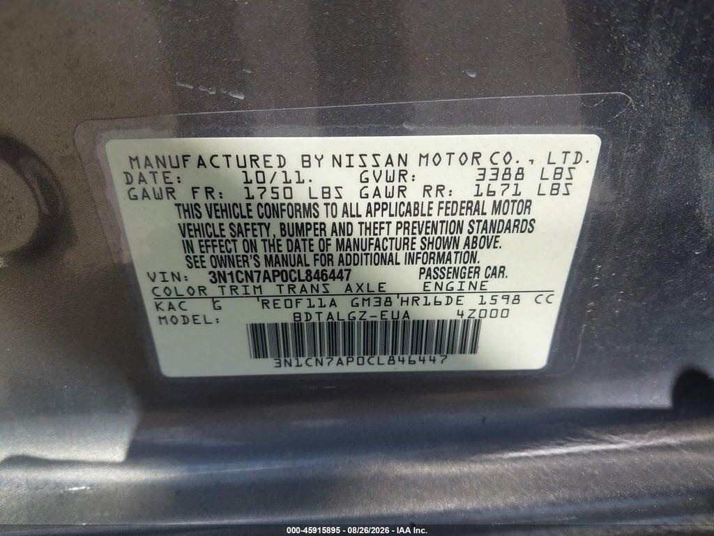 3N1CN7AP0CL846447 2012 NISSAN VERSA photo no. 9