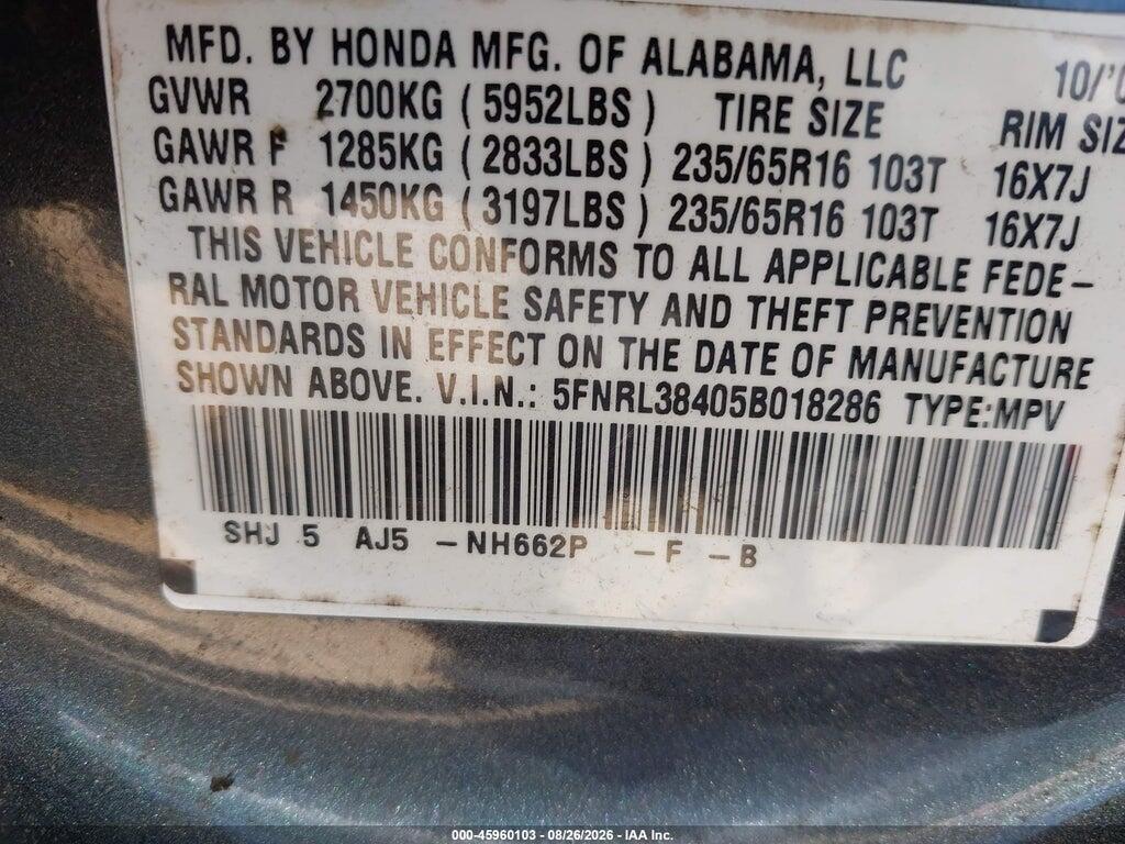 5FNRL38405B018286 2005 HONDA ODYSSEY photo no. 9
