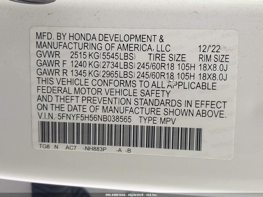 5FNYF5H56NB038565 2022 HONDA PILOT photo no. 9