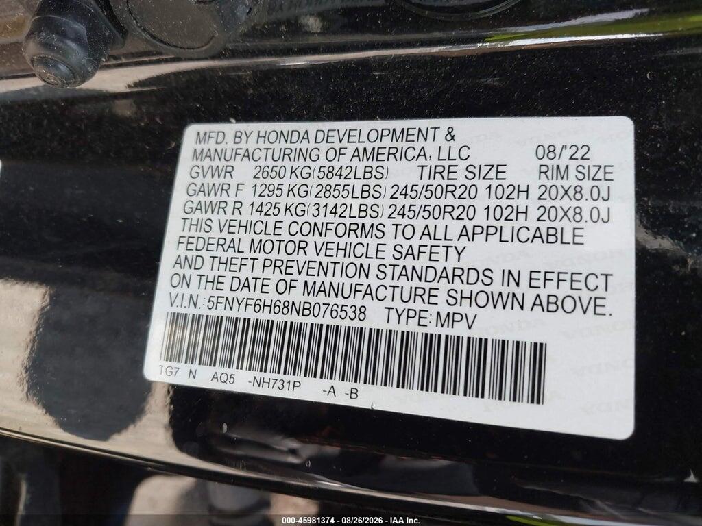 5FNYF6H68NB076538 2022 HONDA PILOT photo no. 9