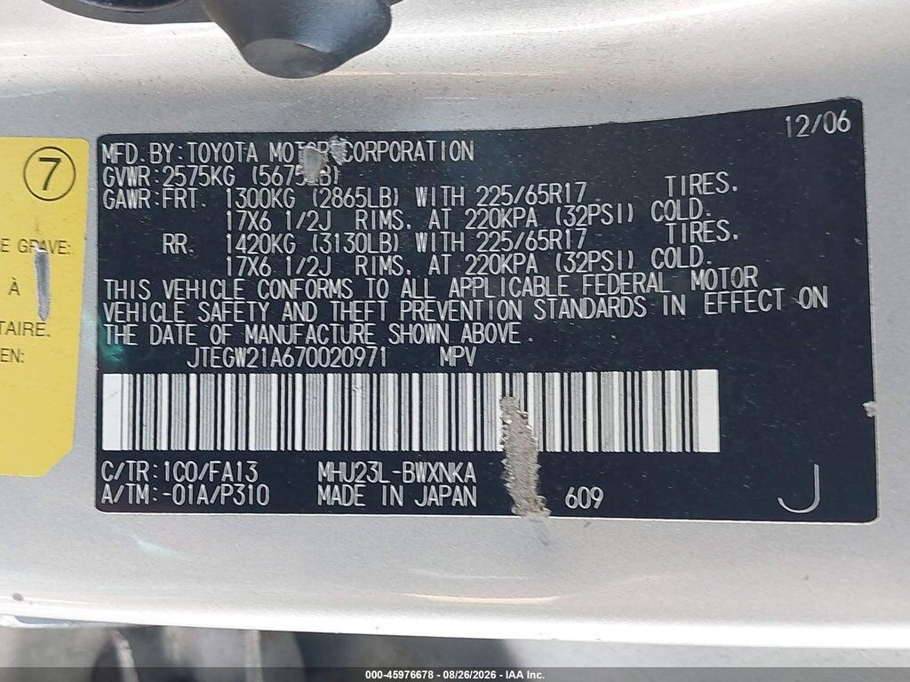 JTEGW21A670020971 2007 TOYOTA HIGHLANDER HYBRID photo no. 9