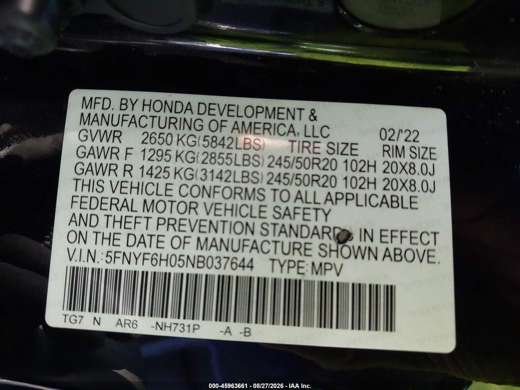 5FNYF6H05NB037644 2022 HONDA PILOT photo no. 9