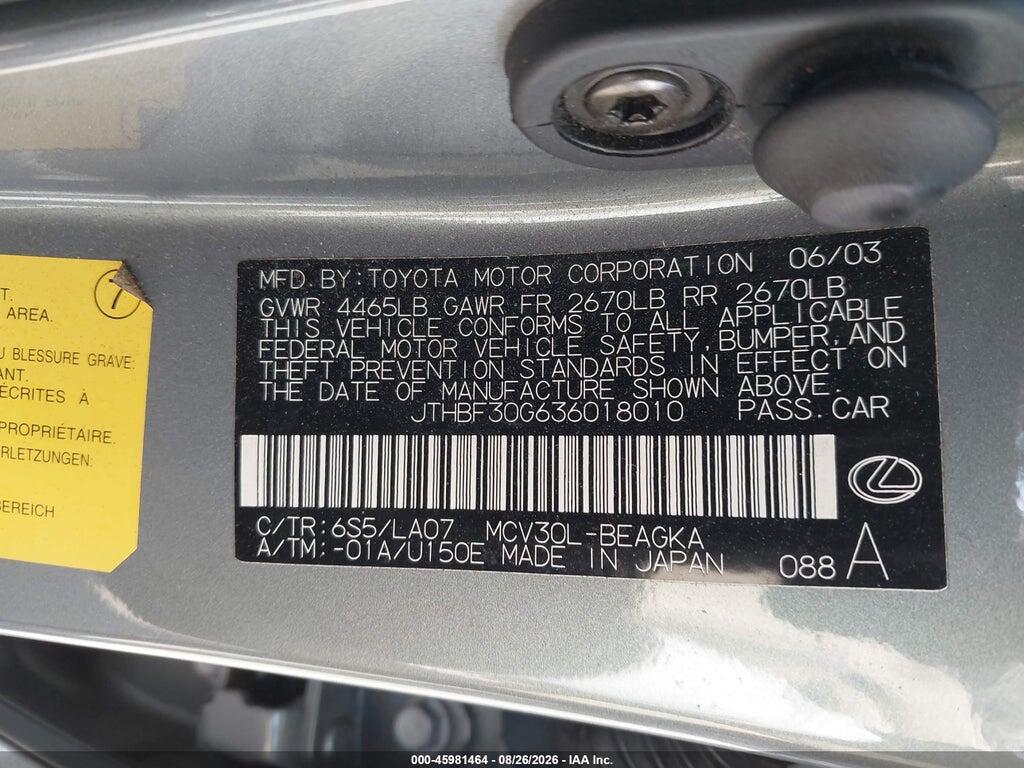 JTHBF30G636018010 2003 LEXUS ES 300 photo no. 9
