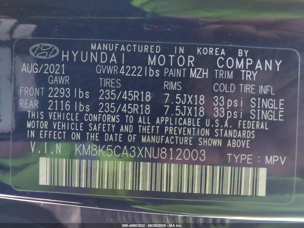 KM8K5CA3XNU812003 2022 HYUNDAI KONA photo no. 9