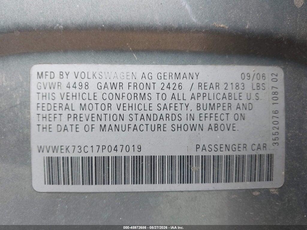 WVWEK73C17P047019 2007 VOLKSWAGEN PASSAT photo no. 9