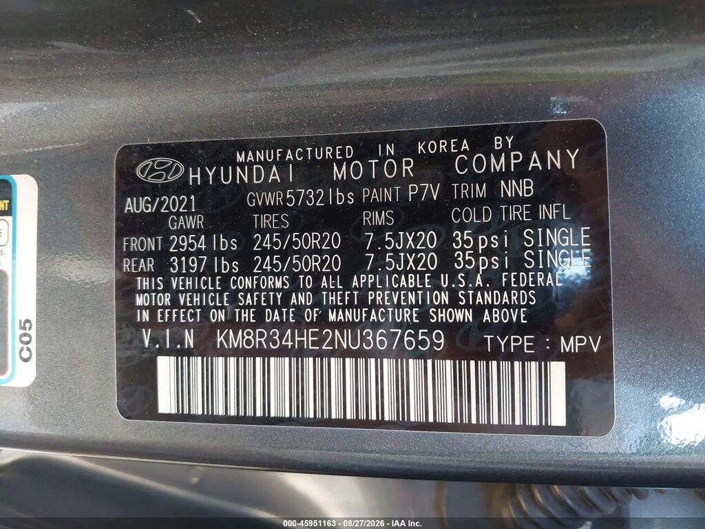 KM8R34HE2NU367659 2022 HYUNDAI PALISADE photo no. 9