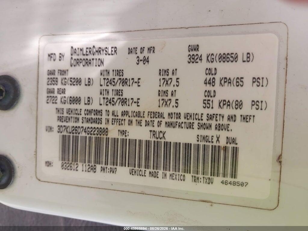 3D7KU26D74G223808 2004 DODGE RAM 2500 photo no. 9