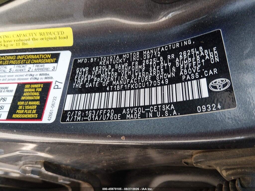 4T1BF1FK0CU170549 2012 TOYOTA CAMRY photo no. 9
