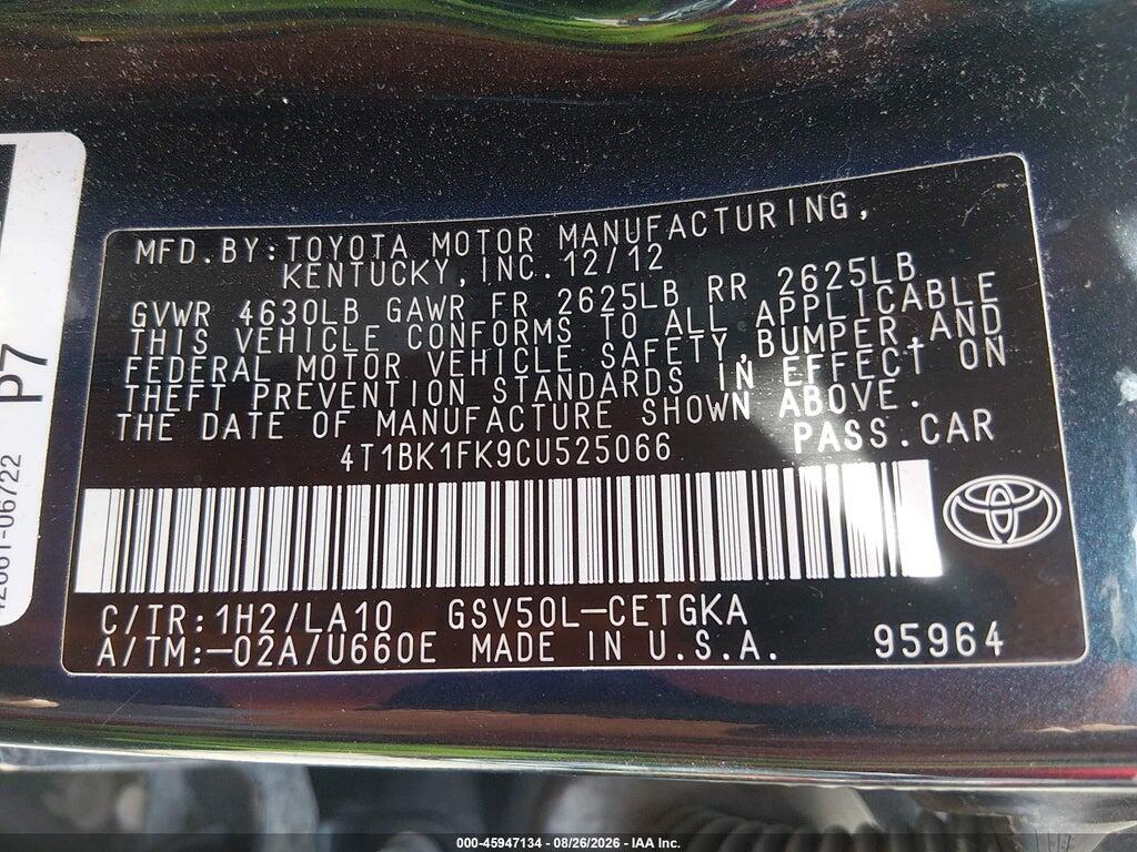 4T1BK1FK9CU525066 2012 TOYOTA CAMRY photo no. 9