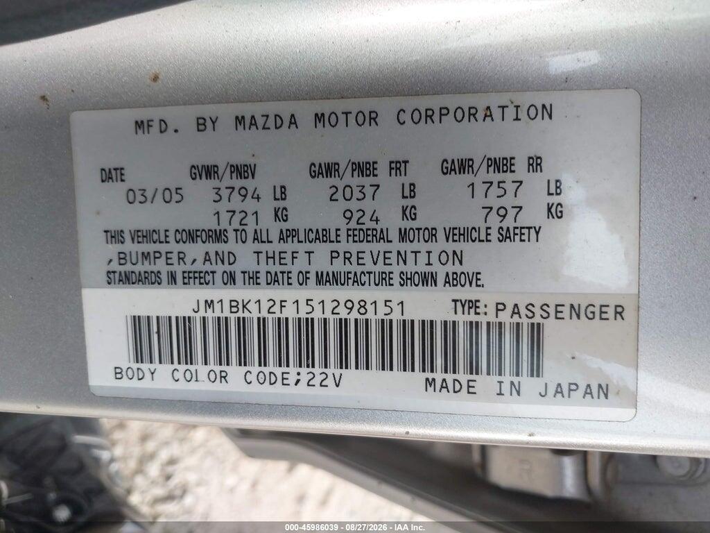 JM1BK12F151298151 2005 MAZDA MAZDA3 photo no. 9