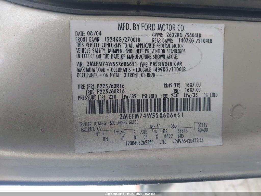2MEFM74W55X606651 2005 MERCURY GRAND MARQUIS photo no. 9