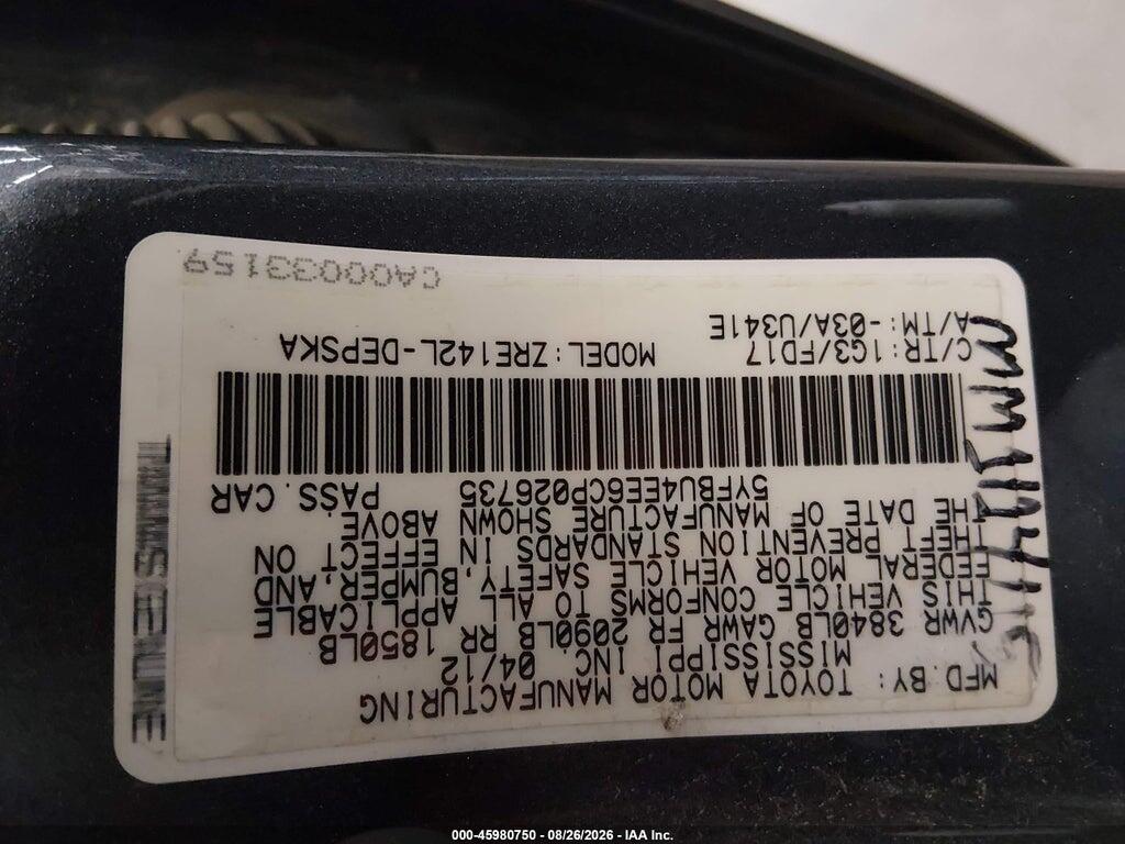 5YFBU4EE6CP026735 2012 TOYOTA COROLLA photo no. 9