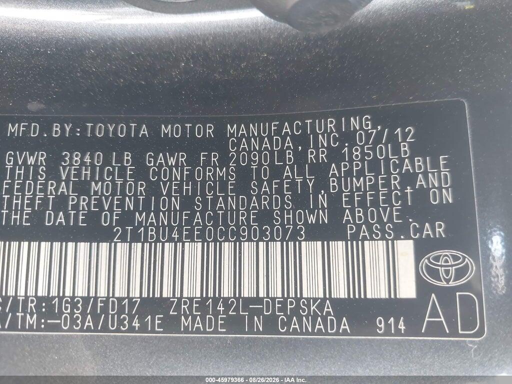 2T1BU4EE0CC903073 2012 TOYOTA COROLLA photo no. 9