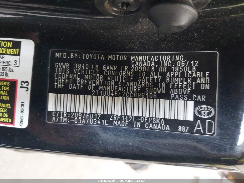 2T1BU4EE7CC896106 2012 TOYOTA COROLLA photo no. 9