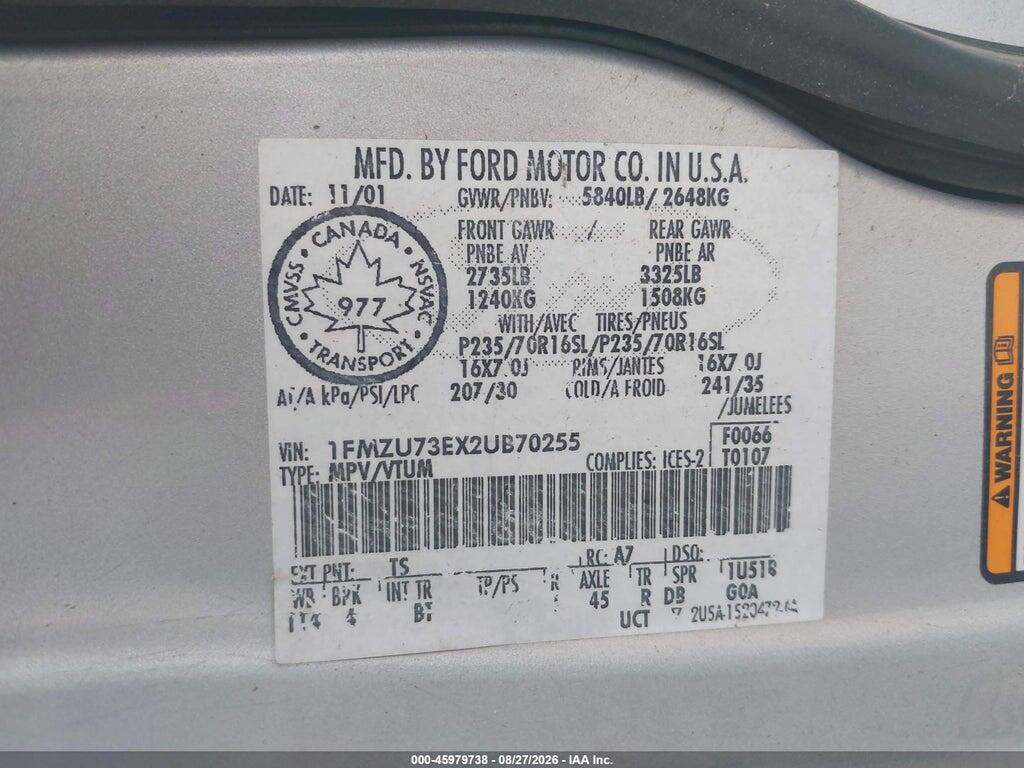 1FMZU73EX2UB70255 2002 FORD EXPLORER photo no. 9