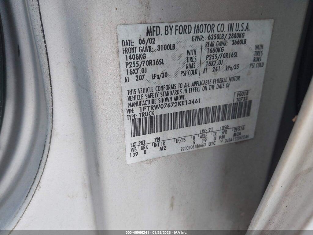 1FTRW07672KE13461 2002 FORD F-150 photo no. 9