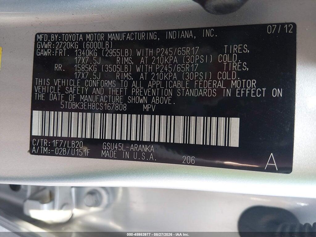 5TDBK3EH8CS167808 2012 TOYOTA HIGHLANDER photo no. 9