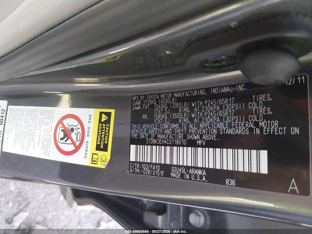 5TDBK3EH4CS118010 2012 TOYOTA HIGHLANDER photo no. 9