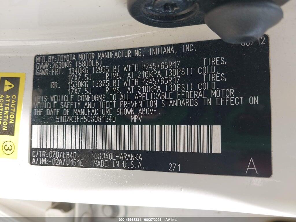 5TDZK3EH5CS081340 2012 TOYOTA HIGHLANDER photo no. 9