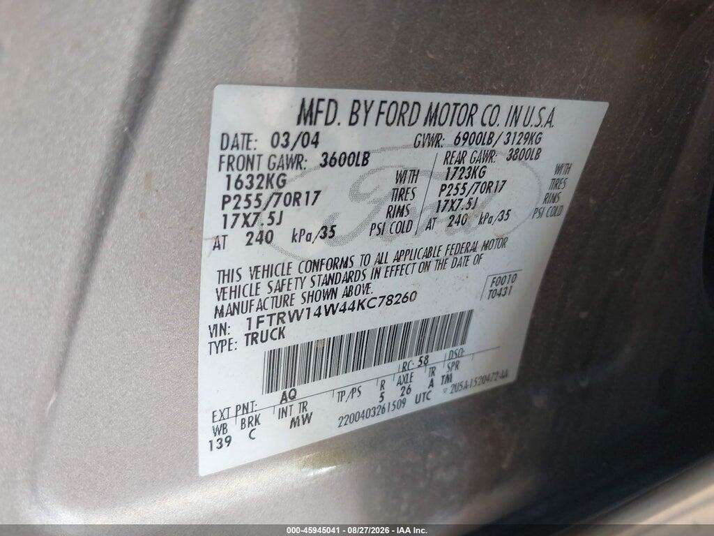 1FTRW14W44KC78260 2004 FORD F-150 photo no. 9