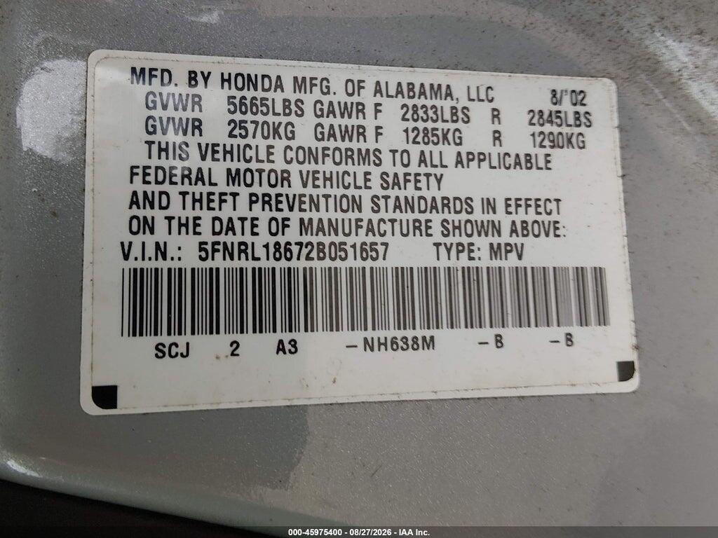 5FNRL18672B051657 2002 HONDA ODYSSEY photo no. 9