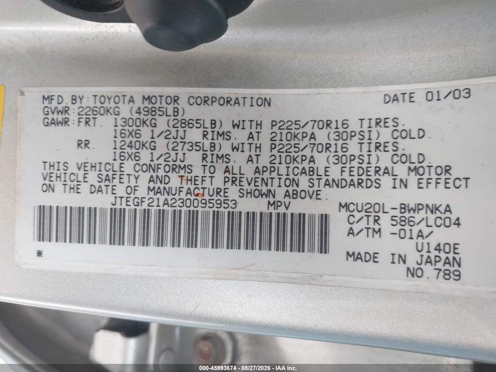JTEGF21A230095953 2003 TOYOTA HIGHLANDER photo no. 9