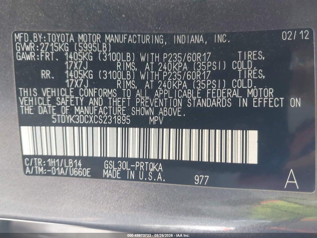 5TDYK3DCXCS231895 2012 TOYOTA SIENNA photo no. 9