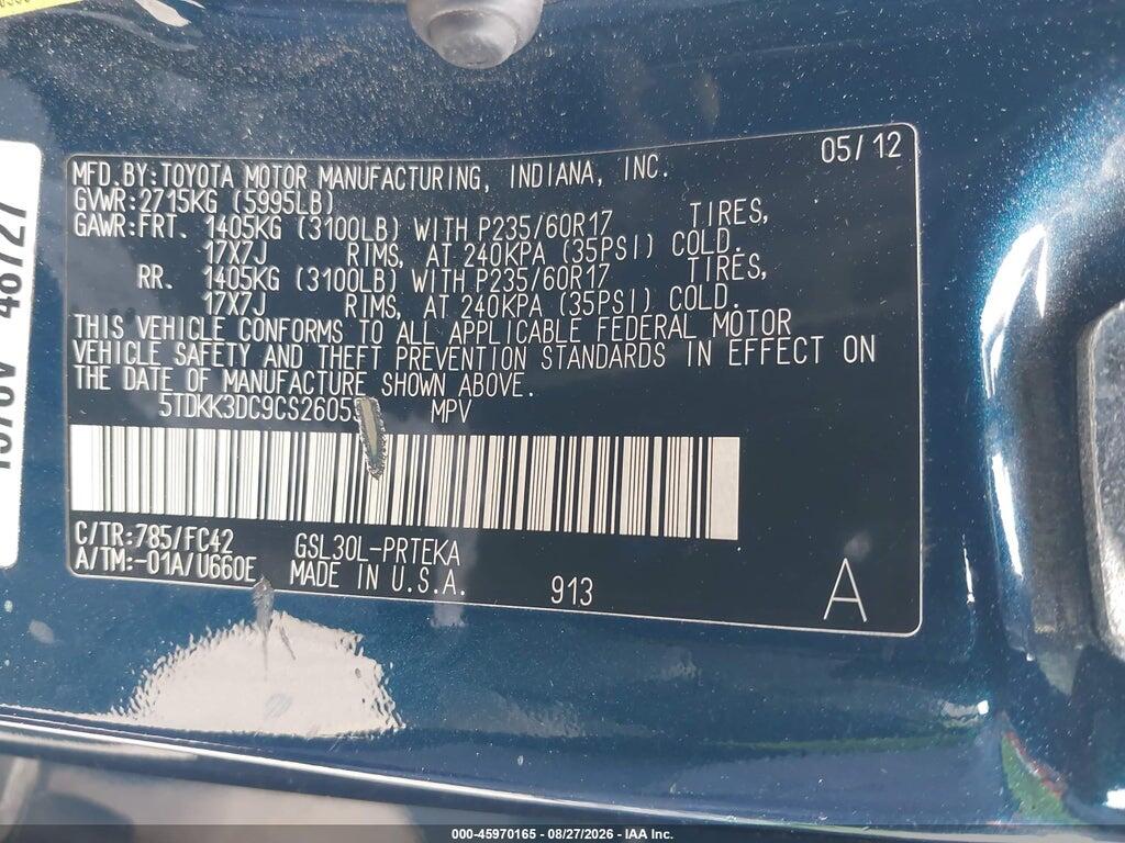 5TDKK3DC9CS260536 2012 TOYOTA SIENNA photo no. 9
