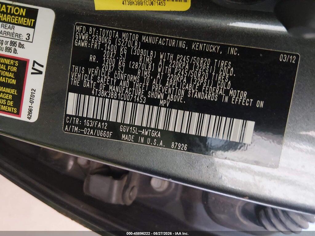 4T3BK3BB1CU071453 2012 TOYOTA VENZA photo no. 9